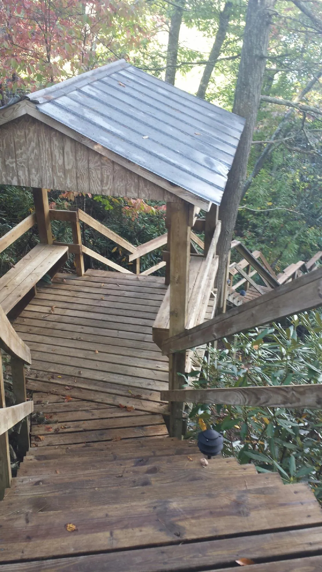 Metal roofed shelter over wooden steps on a wooded walkway — Skylight Repair & Installation work by our crew in Jeremiah